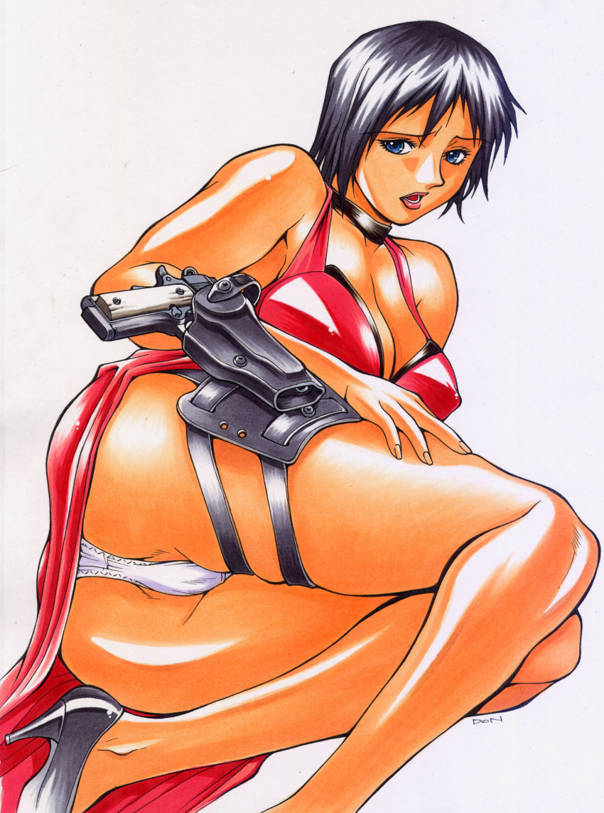 1girl ada_wong ass black_hair blue_eyes breasts cameltoe choker cleavage dress gun handgun high_heels highres holster legs lipstick lying m1911 makeup minyanyako on_side panties pistol red_dress resident_evil resident_evil_4 shiny shiny_skin shoes short_hair solo thigh_holster thigh_strap underwear weapon white_panties