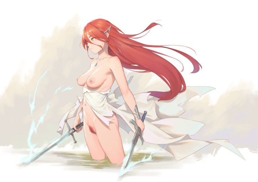 1girl 1girl 1girl bigrbear breasts closed_mouth clothing dress female_pubic_hair green_eyes hair_between_eyes holding holding_sword holding_weapon jewelry medium_breasts necklace nipples original partially_submerged pubic_hair red_hair red_pubic_hair sword torn_clothes torn_dress water weapon white_dress