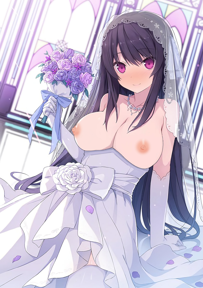 1girl ao_no_kanata_no_four_rhythm bouquet bridal_veil dress elbow_gloves embarrassed female female_only flower gloves high_resolution looking_at_viewer nipples open_dress solo sprite_(company) suzumori third-party_edit tobisawa_misaki upscaled wedding_dress white_elbow_gloves white_gloves