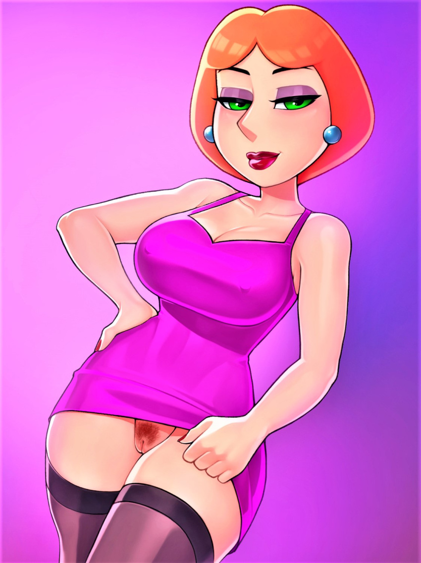 big_breasts bottomless dress family_guy flashing lois_griffin lood_(artist) no_panties pubic_hair pussy stockings thighs