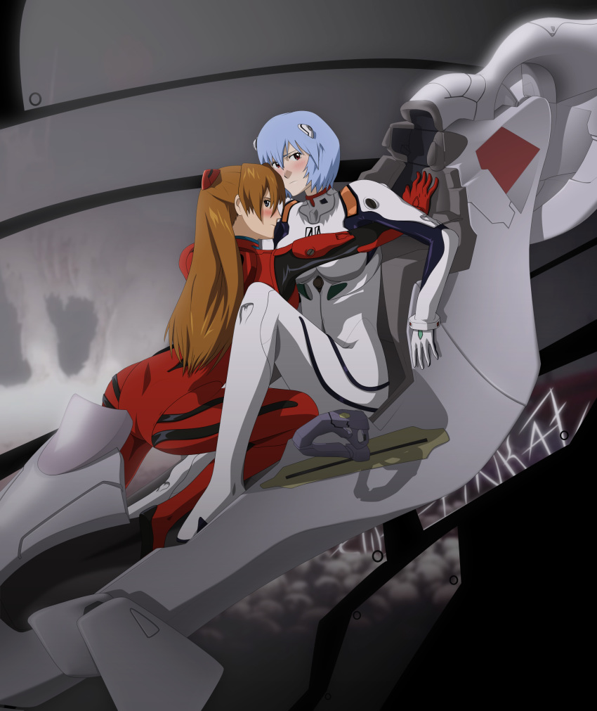 2girls asuka_langley_souryuu blue_eyes blue_hair brown_hair cockpit evangelion:_3.0_you_can_(not)_redo hair_ornament highres lips long_hair multiple_girls neon_genesis_evangelion plugsuit rebuild_of_evangelion red_eyes rei_ayanami short_hair stiky_finkaz