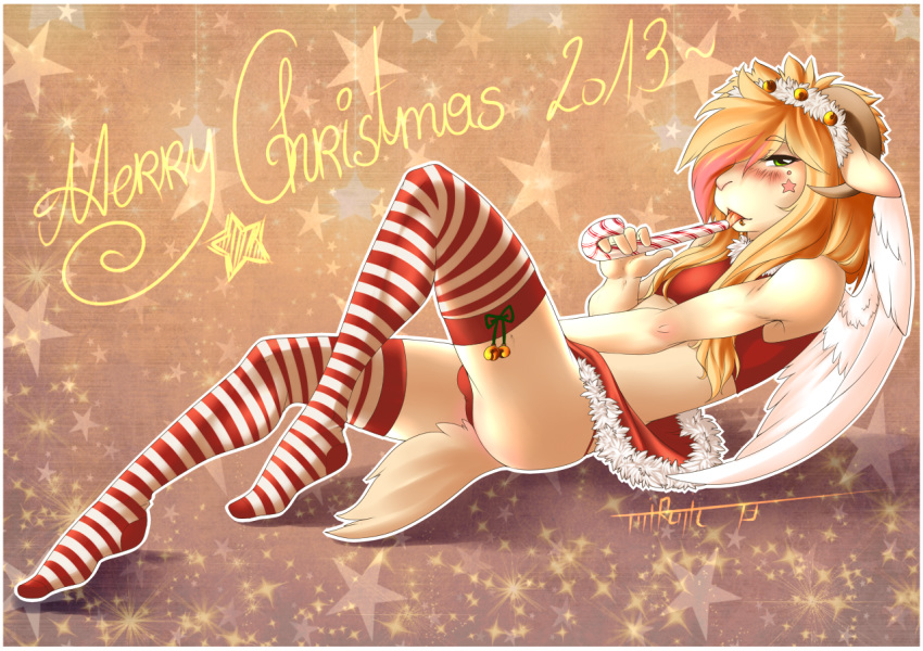 2013 bell blonde_hair blush brown_fur bulge candy_cane caprine christmas clothing crossdressing feathers fur furry girly green_eyes hair holidays horn licking long_hair looking_at_viewer lying male mirotic on_back original original_character panties pink_hair ram shirt skirt smile solo stockings striped_stockings tongue tongue_out underwear white_feathers wings