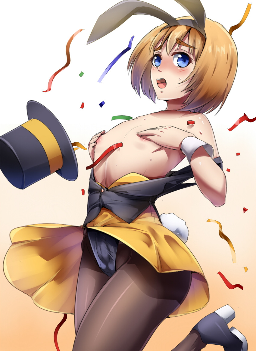 1boy :o animal_ears armin_arlert blonde_hair blue_eyes bulge bunny_boy bunny_ears bunny_tail bunnysuit confetti crossdressing eyebrows high_res highres male male_focus nipples pantyhose puffy_chest shingeki_no_kyojin short_hair simple_background solo tail trap umakatsuhai usamin white_background wrist_cuffs