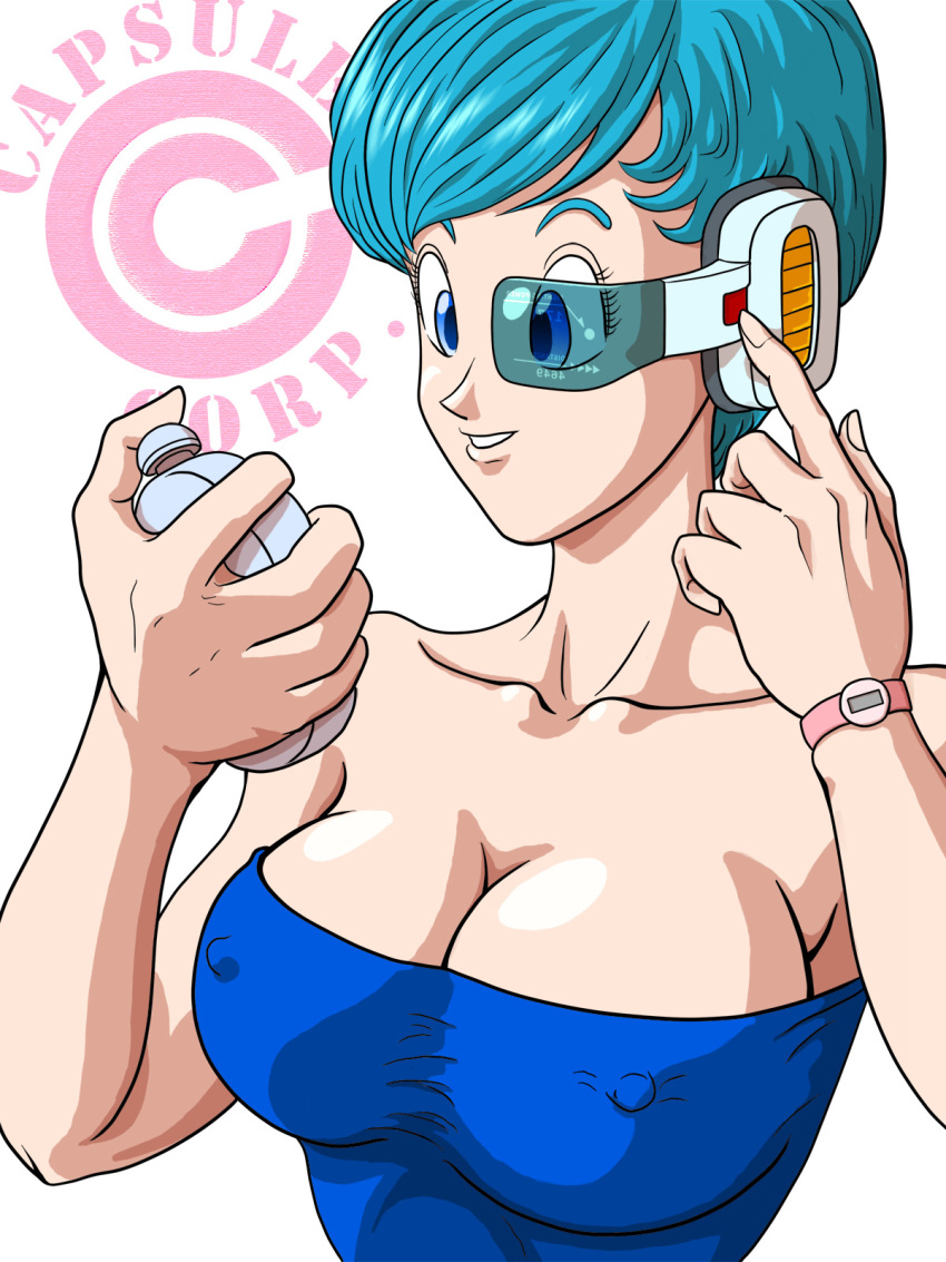 big_breasts breasts bulma bulma_brief bulma_briefs cleavage dragon_ball dragon_ball_z erect_nipples female milf nipples scouter smile solo technology thomas55 thomas55_(artist)