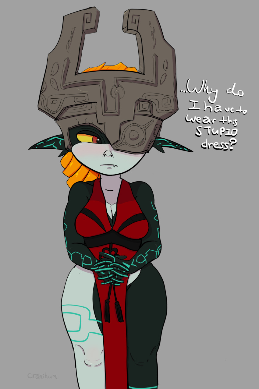 1girl black_skin breasts chinese_clothes chinese_dress clothed cranihum embarrassed female_only imp_midna midna orange_hair shortstack the_legend_of_zelda thighs