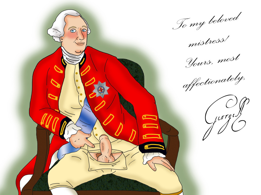 blue_eyes blush british chair colonialfox england english_text fine_art_parody georgian history king king_george_iii looking_at_viewer male male_focus male_only open_pants penis presenting royalty sitting solo_male testicle uncut uniform