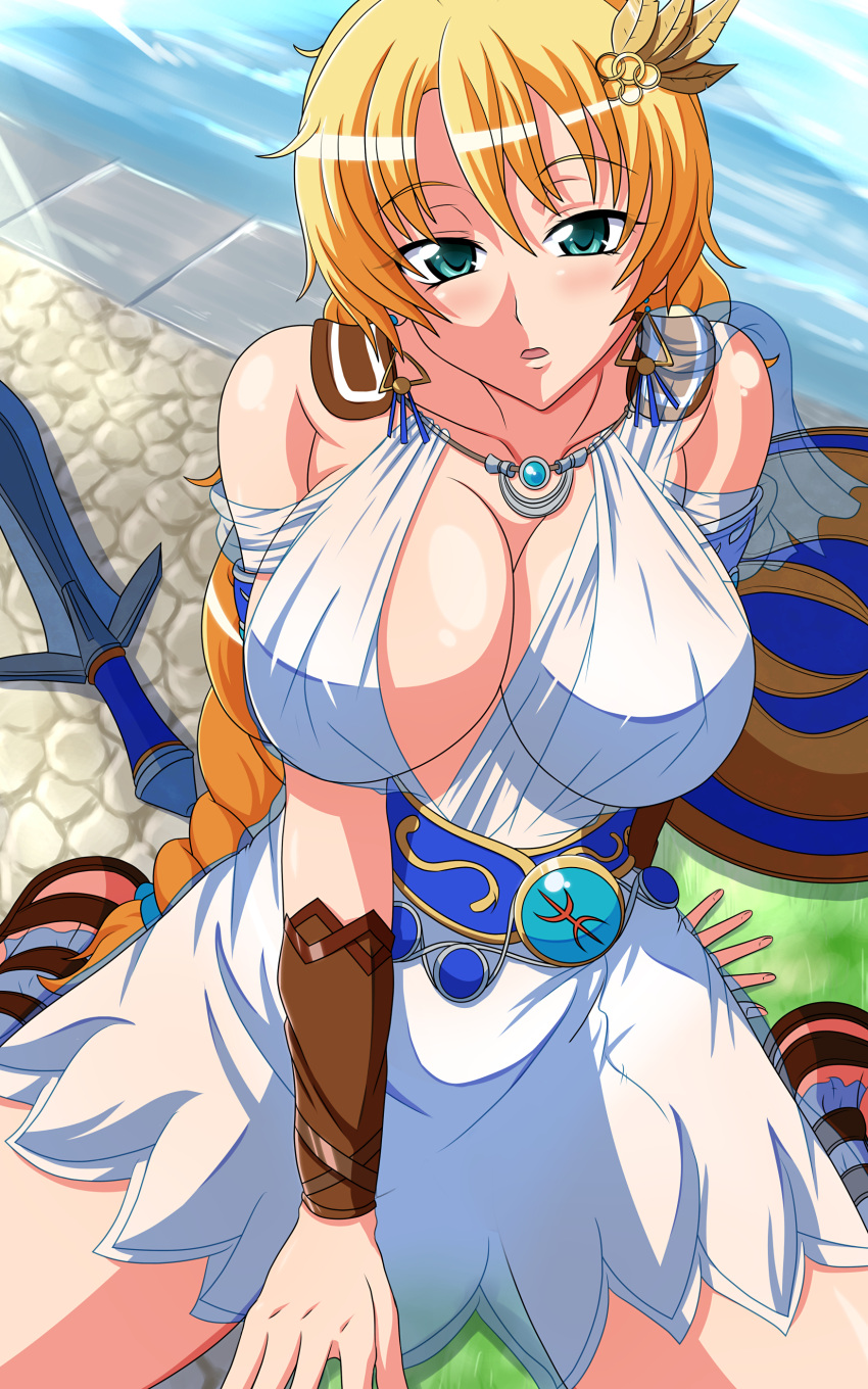 1girl absurd_res alluring aokura_shou belt big_breasts blonde_hair blonde_twist blue_eyes braid breasts cleavage dress earrings elk_shield goddess_bracelet goddess_guards goddess_headdress goddess_robe hair_ornament high_res jewelry long_hair necklace omega_sword project_soul sandals shield silf single_braid sitting sophitia_alexandra soul_calibur soul_calibur_ii soul_calibur_iii soul_calibur_vi swimming_pool vambraces wariza water