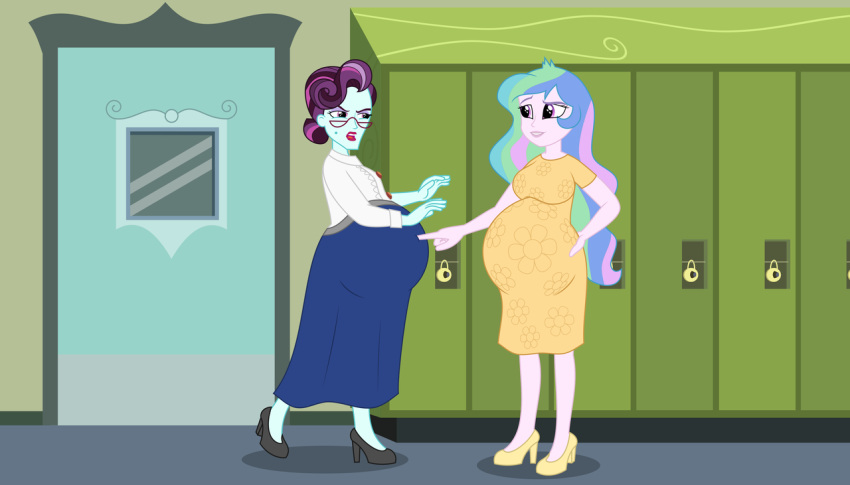 2_girls abacus_cinch equestria_girls glasses humanized mintydrop2013 multicolored_hair my_little_pony pregnant pregnant_belly pregnant_female princess_celestia princess_celestia_(mlp) purple_eyes purple_hair