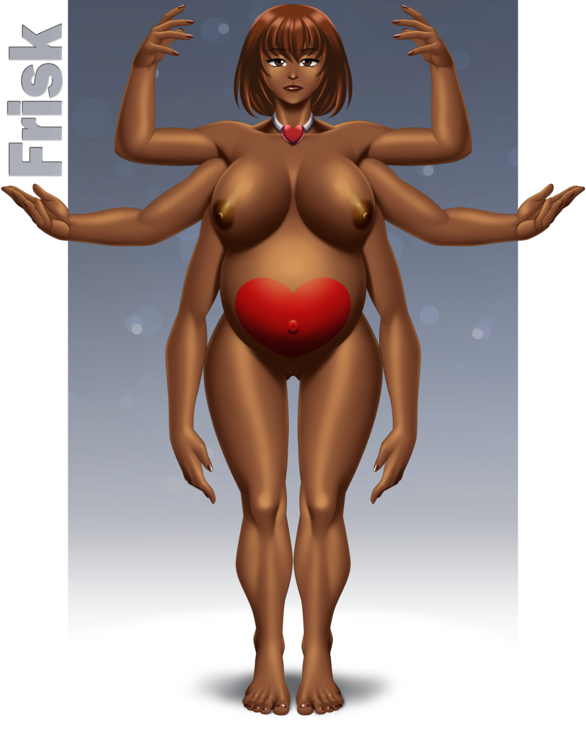 6_arms alternate_skin_color areolae big_breasts breasts brown_eyes brown_hair brown_skin character_name commission dark-skinned_female dark_skin female frisk frisk_(undertale) heart idarkshadowi_(artist) multiple_arms nipples nude pregnant pussy short_hair six_arms solo tattoo undertale