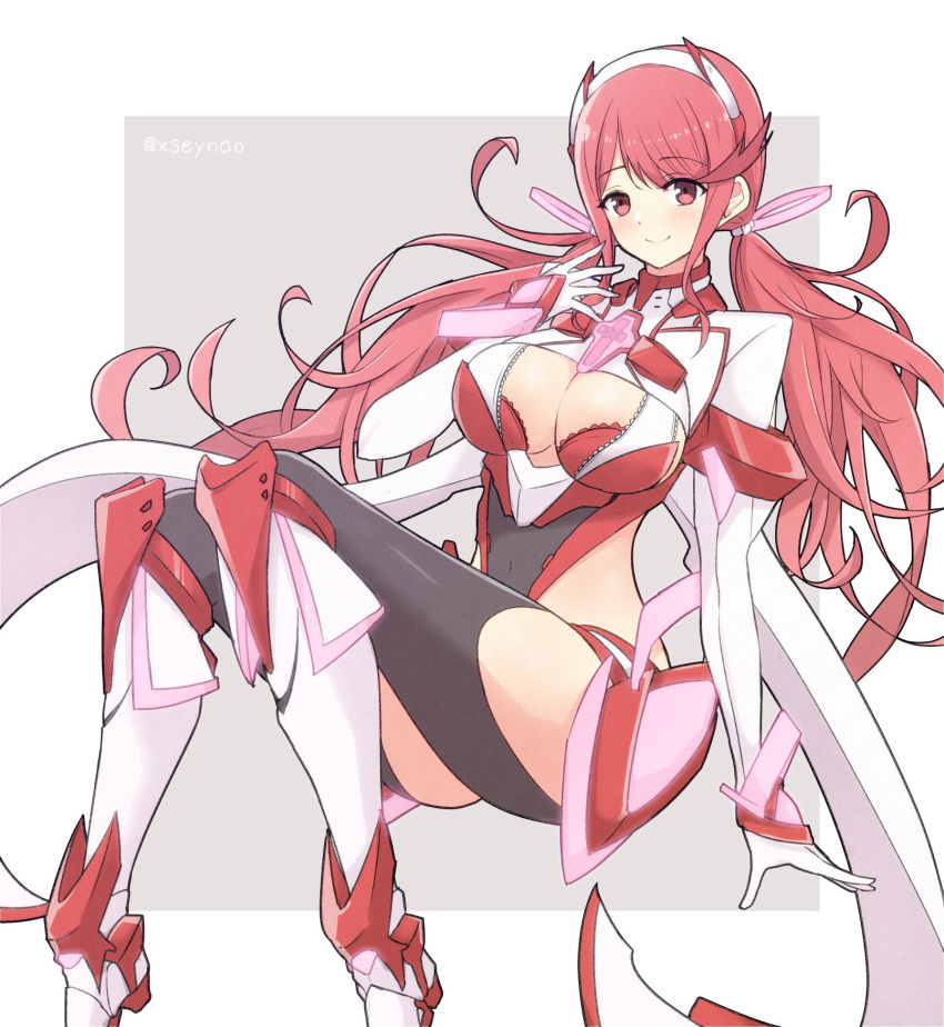 1girl 1girl 1girl big_breasts blush chest_jewel cleavage cleavage_cutout clothing_cutout feet_out_of_frame gloves grey_background high_res long_hair looking_at_viewer mochimochi_(xseynao) nintendo pink_hair pink_theme prototype_design pyra pyra_(prototype) smile swept_bangs tiara twin_tails twitter_username very_long_hair white_background white_gloves xenoblade_(series) xenoblade_chronicles_2