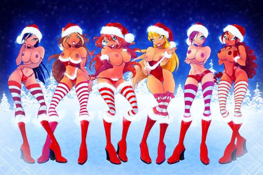 6+girls 6girls aqua_eyes blonde_hair bloom blue_eyes blue_hair boots brown_hair christmas christmas_outfit female_only fingerless_gloves flora gloves green_eyes hat layla lineup lipstick long_hair multicolored_hair musa orange_hair purple_eyes purple_hair red_lipstick santa_boots santa_hat shiny shiny_skin snow stella tecna winx_club zfive