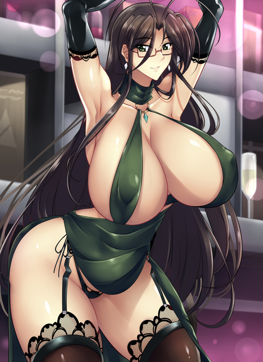 1girl big_breasts black_hair bracelet chisame_hasegawa curvaceous curves curvy curvy_female curvy_figure feet_out_of_frame glasses green_eyes haganef hasegawa_chisato high_resolution huge_breasts human long_hair looking_at_viewer mature mature_female mature_woman shinmai_maou_no_testament standing stockings thick_thighs