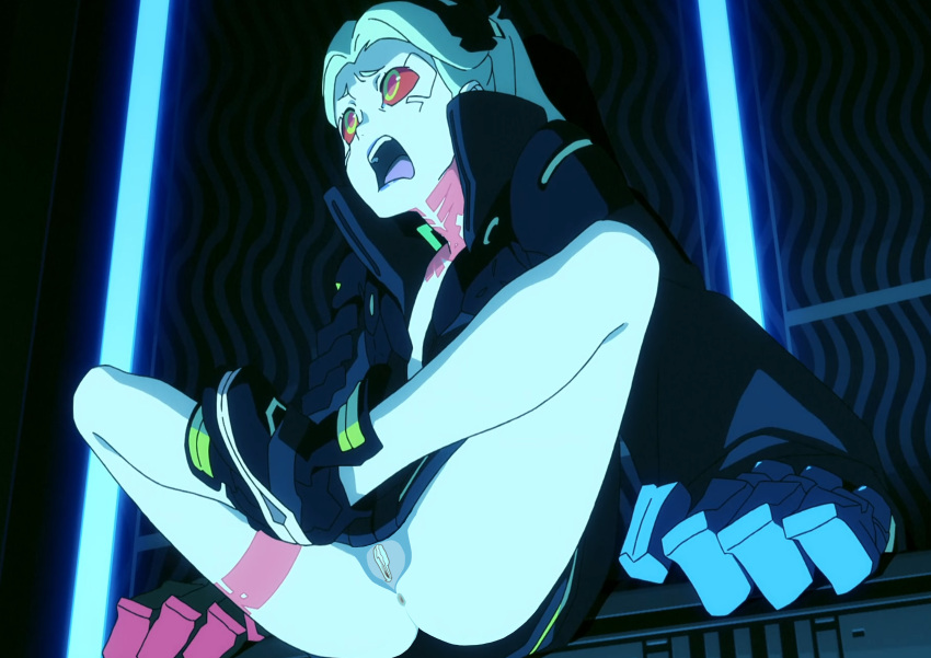 1girl anime bottomless cybernetics cyberpunk:_edgerunners cyberpunk_2077 cyborg_(designation) feet_together female_focus female_only green_eyes light_blue_hair long_hair mature mature_female mechanical_arms netflix pout pussy rebecca_(edgerunners) red_sclera screenshot_edit solo_female solo_focus young