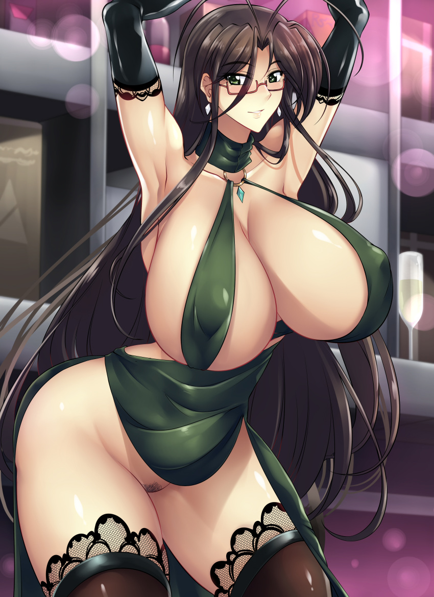 1girl big_breasts black_hair bracelet chisame_hasegawa curvaceous curves curvy curvy_female curvy_figure feet_out_of_frame glasses green_dress green_eyes haganef hasegawa_chisato high_resolution huge_breasts human long_hair looking_at_viewer mature mature_female mature_woman shinmai_maou_no_testament standing stockings thick_thighs