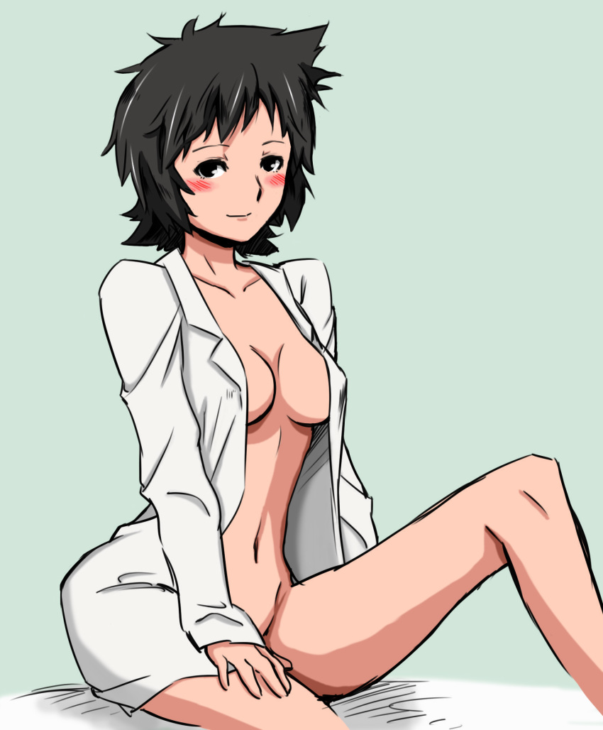 1girl black_hair blush_stickers breasts colored gebyy-terar green_background high_res highres maggie_mui naked_shirt navel no_bra no_panties open_clothes open_shirt r.o.d_the_tv read_or_die shirt short_hair simple_background sitting smile solo