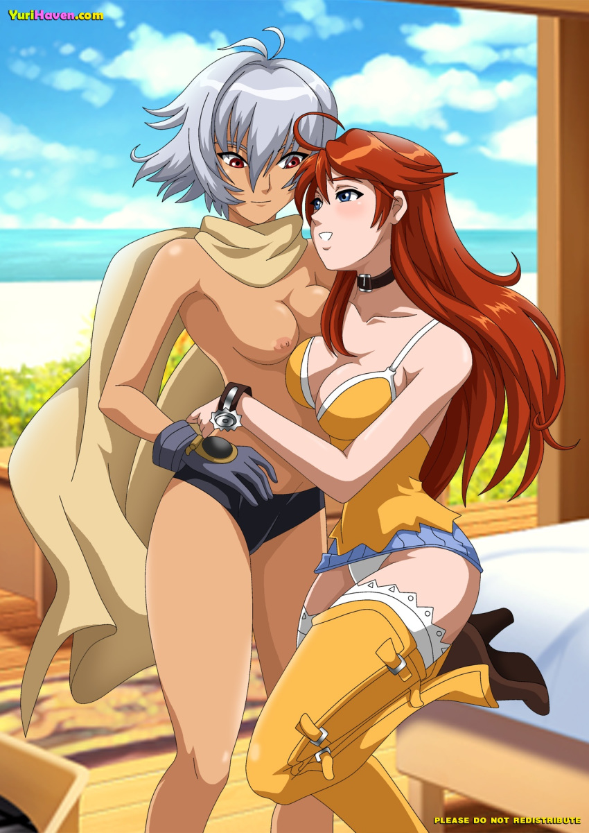 2_girls 2girls bakuretsu_tenshi bare_shoulders big_breasts blue_eyes blush breasts brown_hair burst_angel collar dark-skinned_female gonzo grey_hair hugging jo_(bakuretsu_tenshi) jo_carpender light-skinned_female long_hair meg_(bakuretsu_tenshi) megumi_mitarai multiple_girls mutual_yuri nipples nude_female palcomix red_eyes red_hair scarf shiny_skin short_hair yuri yuri_haven