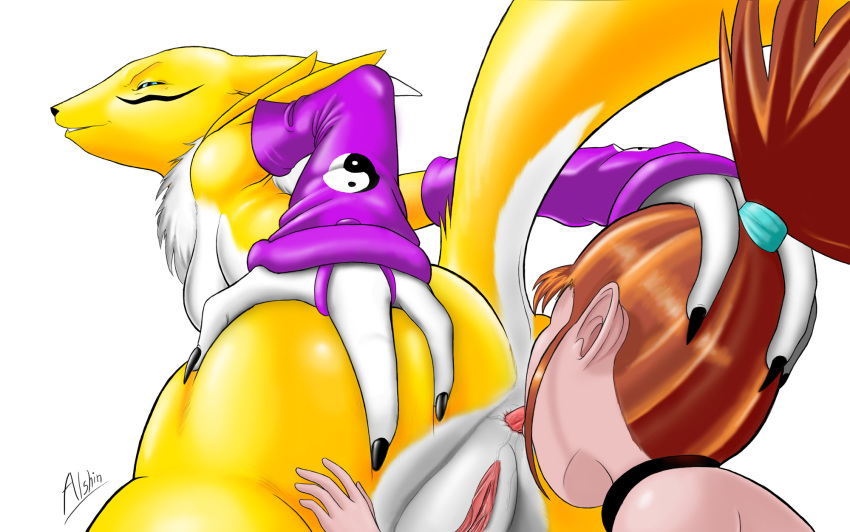 2_girls 3_fingers alshin anilingus anthro anus bent_over detached_sleeves digimon duo female female/female female_anthro female_anthro_fox female_human female_human/female_anthro female_only fox fur furry human labia looking_at_viewer looking_back multiple_girls oral pussy raised_tail renamon rika_nonaka standing tail toei_animation vixen white_fur yellow_fur yin_yang yuri