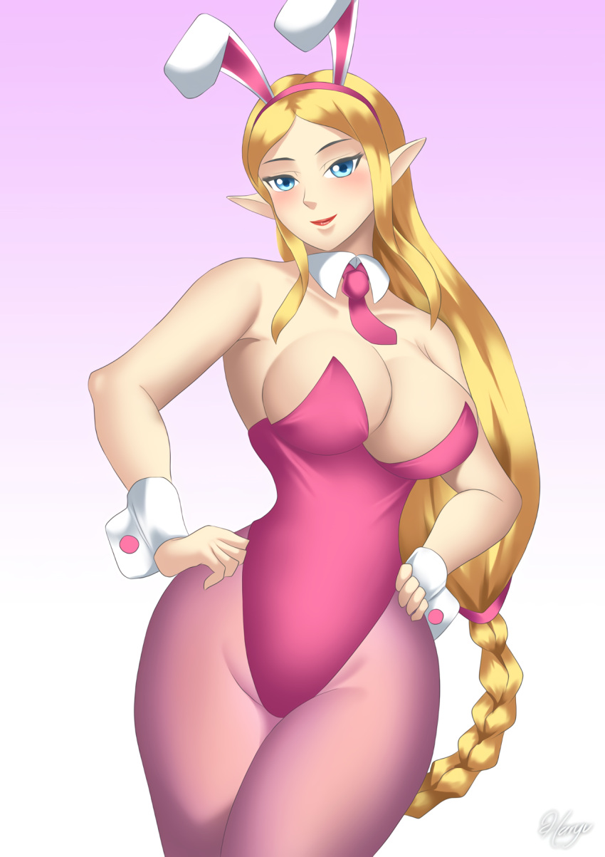 1girl alluring blonde_hair bunny_outfit bunnysuit haryu nintendo playboy_bunny_leotard princess_zelda the_legend_of_zelda voluptuous zelda_(a_link_between_worlds)