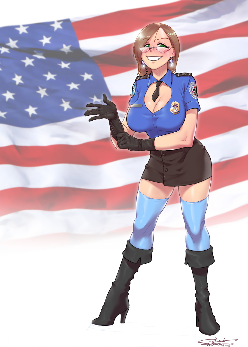 1girl absurdres american_flag badge boots breasts brown_hair cleavage cleavage_cutout earrings female glasses gloves green_eyes grin high_heels highres huge_breasts jewelry melkormancin miniskirt name_tag necktie parted_lips police_woman short_hair signature skirt smile solo standing sydney thighhighs transportation_security_administration uniform zettai_ryouiki