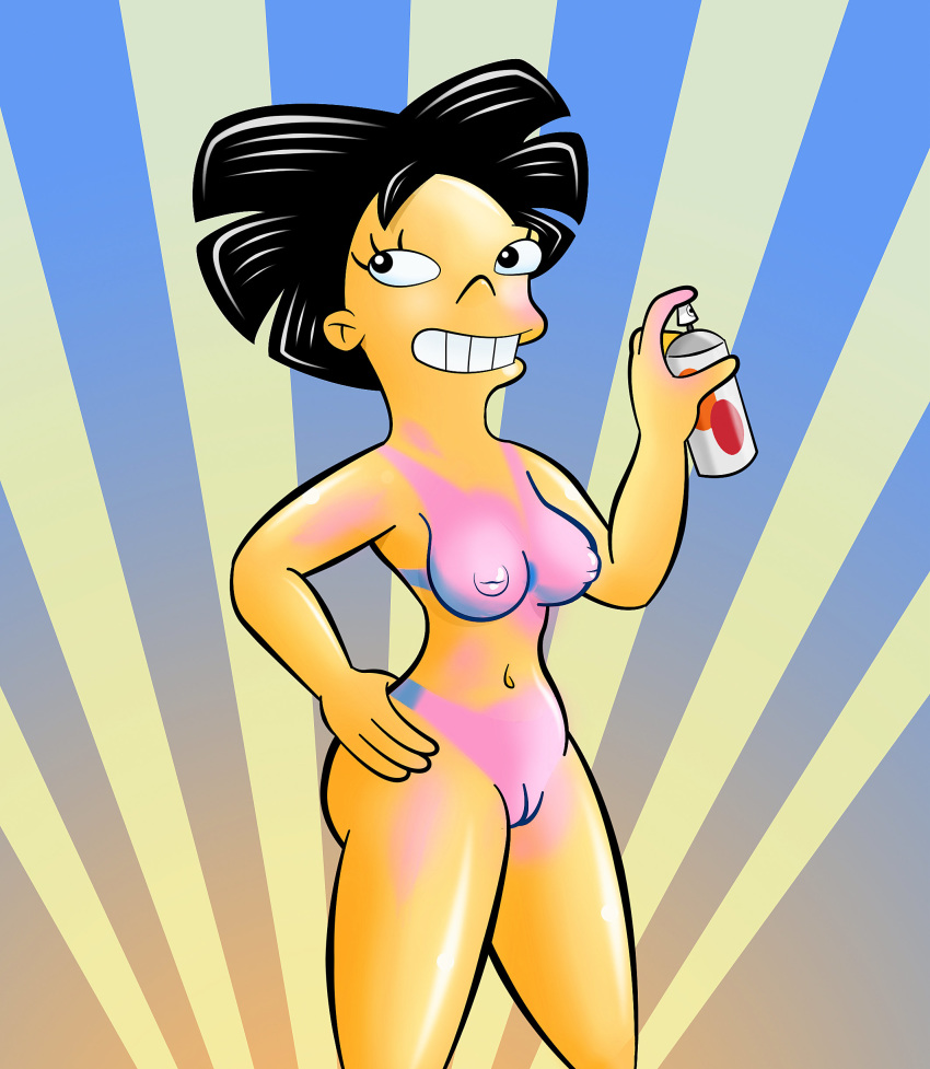 amy_wong black_eyes black_hair bodypaint funny futurama hair hairless_pussy nipples nude paint pussy shiny shiny_skin short_hair solo spray_paint