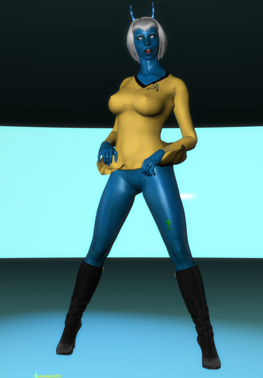 3d andorian blue_eyes blue_skin boot bottomless embarrassing hairless_pussy pussy short_hair solo star_trek surprise wardrobe_malfunction white_hair