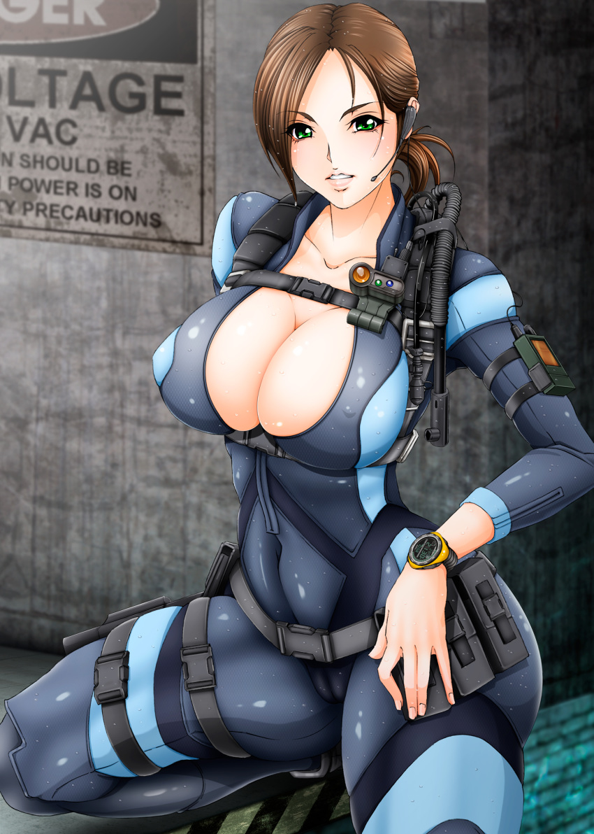 1girl ass big_breasts blush bodysuit breasts brown_hair cameltoe capcom cleavage curvy erect_nipples green_eyes hand_on_hip headset high_res highres hips huge_ass huge_breasts impossible_clothes jill_valentine large_breasts looking_at_viewer navel open_mouth plump ponytail resident_evil resident_evil_revelations shiny shiny_clothes sign size_hermitage skin_tight solo squat squatting thick_thighs thigh_strap thighs tight watch wet wide_hips