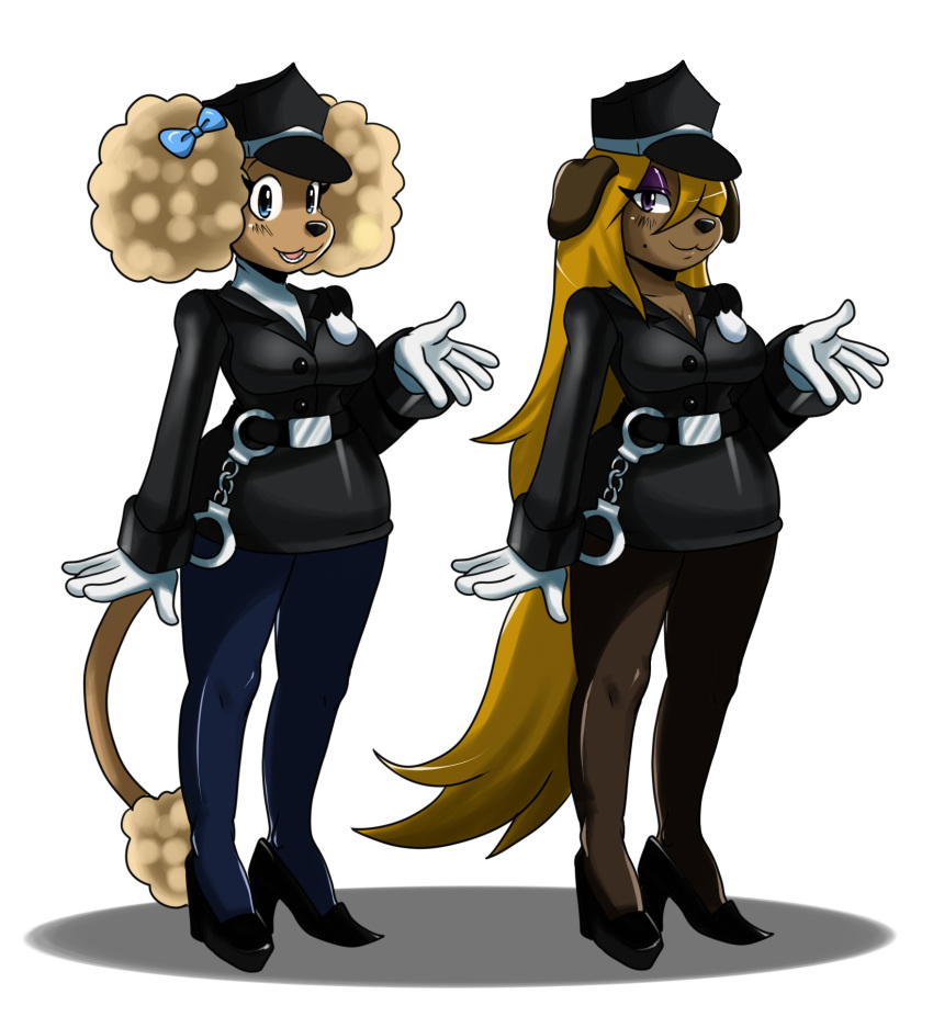 2012 anthro belt blue_eyes breasts canine cleavage cuffs dog female gloves hair hat high_heels laverna_dernhall long_hair looking_at_viewer patricia_winklemire plain_background police purple_eyes ribbons smile sssonic2 standing thighs white_background