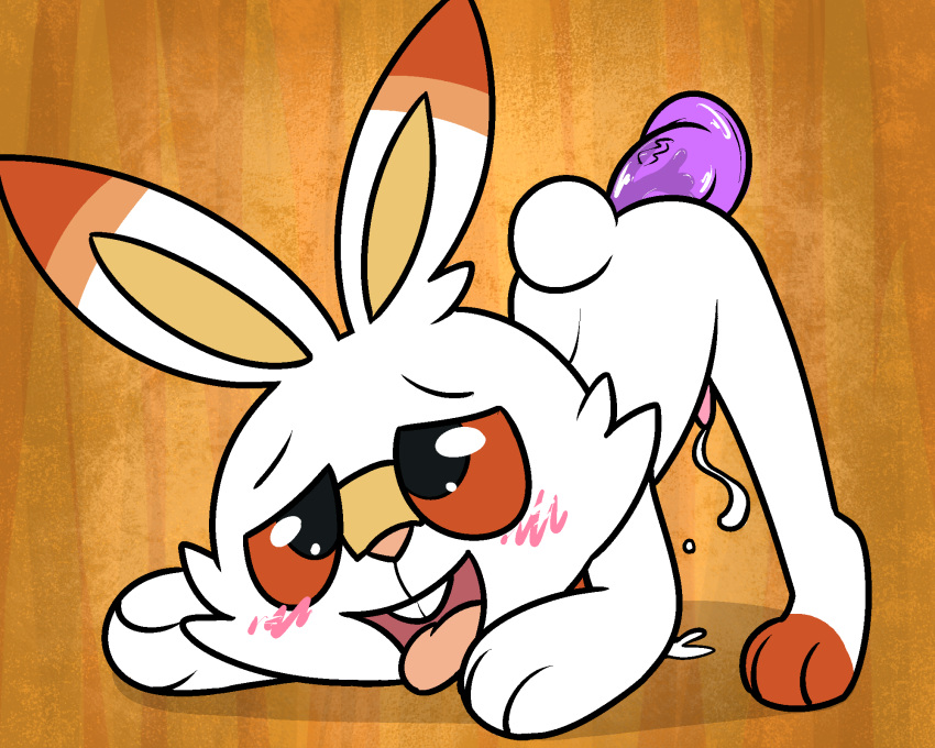 1boy anal_masturbation blush cum dildo dildo_in_ass male nintendo open_mouth penis pokefound pokemon scorbunny sex_toy tongue tongue_out