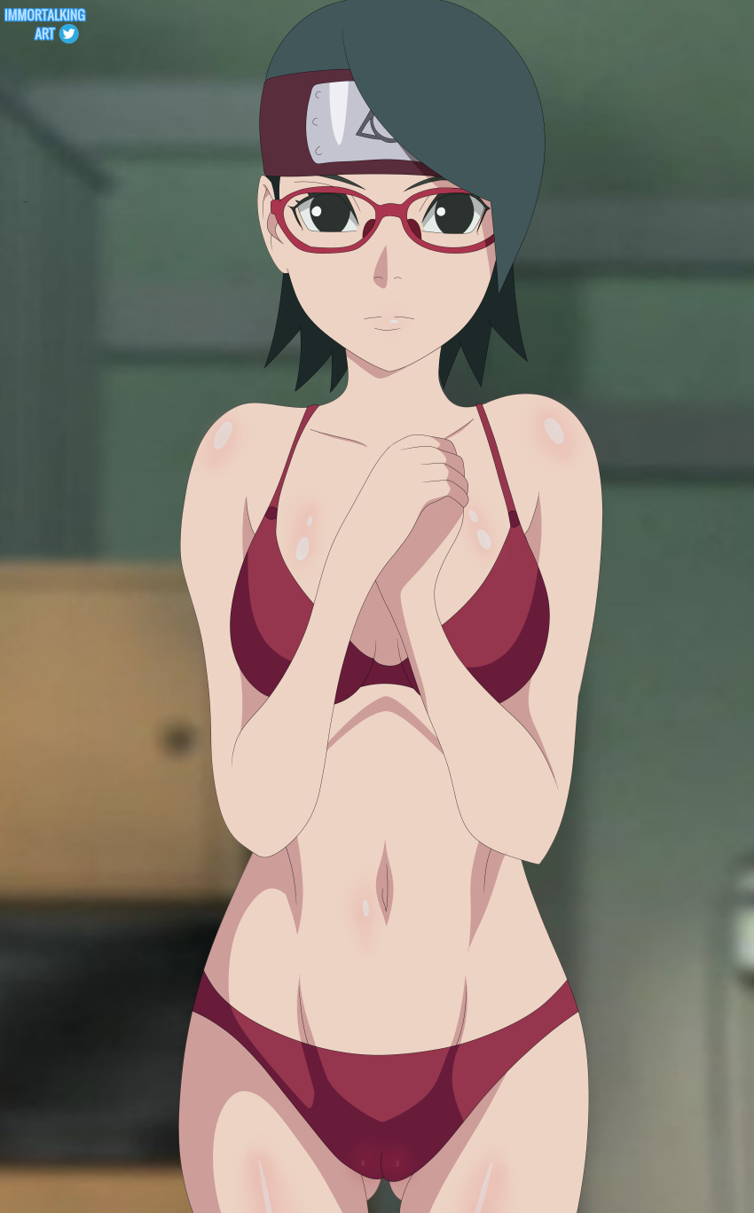 1girl absurd_res alluring artist_name bare_shoulders black_eyes black_hair boruto:_naruto_next_generations boruto:_naruto_the_movie bra breasts cameltoe collarbone dress female_focus forehead_protector glasses gluteal_fold headband high_res hot immortalking_art indoors looking_at_viewer matching_hair/eyes medium_breasts naruto naruto_(series) naruto_shippuuden navel panties red-framed_eyewear red_bra red_panties sarada_uchiha twitter_logo underwear upper_body