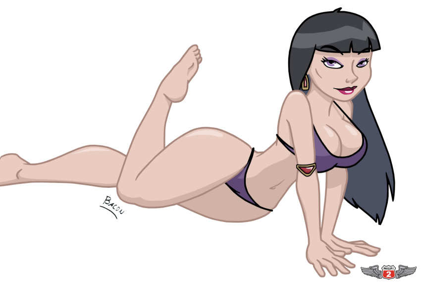 ass big_breasts bikini black_hair breasts cleavage dark_hair eye_shadow lipstick makeup milf navel phillipthe2 purple_eyes purple_eyeshadow red_lips red_lipstick roger_bacon tatyana_orpheus the_venture_bros. tight_ass venture_brothers