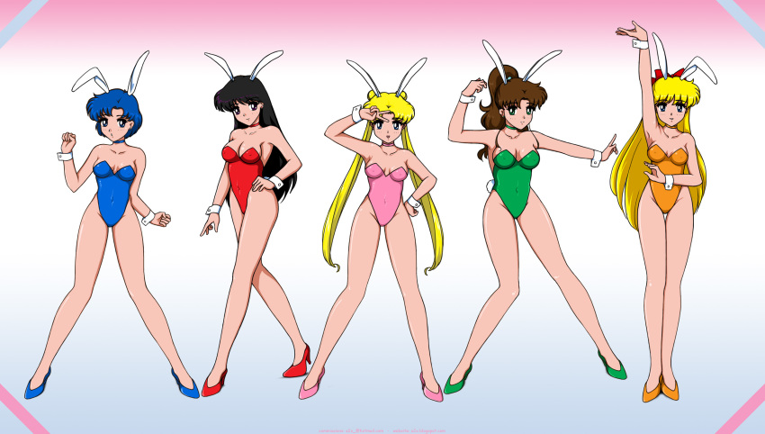 5girls aino_minako ami_mizuno bare_legs big_breasts bishoujo_senshi_sailor_moon black_hair blonde_hair blue_hair blue_high_heels blue_leotard breasts brown_hair brunette bunny_ears bunny_girl bunny_tail bunnysuit choker cleavage female female_only green_high_heels green_leotard high_heels hino_rei kino_makoto leotard lineup long_hair long_twintails looking_at_viewer makoto_kino minako_aino mizuno_ami mostly_nude multiple_girls nipple_outline orange_high_heels orange_leotard pink_high_heels pink_leotard red_high_heels red_leotard rei_hino s2x sailor_jupiter sailor_mars sailor_mercury sailor_moon sailor_venus short_hair standing tsukino_usagi twin_tails usagi_tsukino