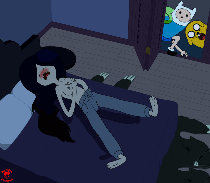 adventure_time bed bedroom blush breasts closet finn_the_human hot jake_the_dog marceline masturbation moaning pale_skin pants peeking pleasure shock shocked shocking bigtyme topless