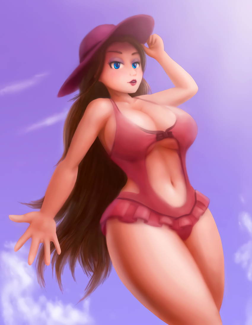 1girl alluring alternate_version_available arm_up big_breasts bikini blue_eyes breast_grab brown_eyebrows brown_hair cleavage clothing female_only hand_on_hat legs_crossed light-skinned_female long_hair looking_at_viewer mario_(series) pauline pink_lipstick purple_eyeshadow red_hat red_swimsuit saf-404 saf404 saf_404 safartwoks safartworks sun super_mario_odyssey thick_thighs