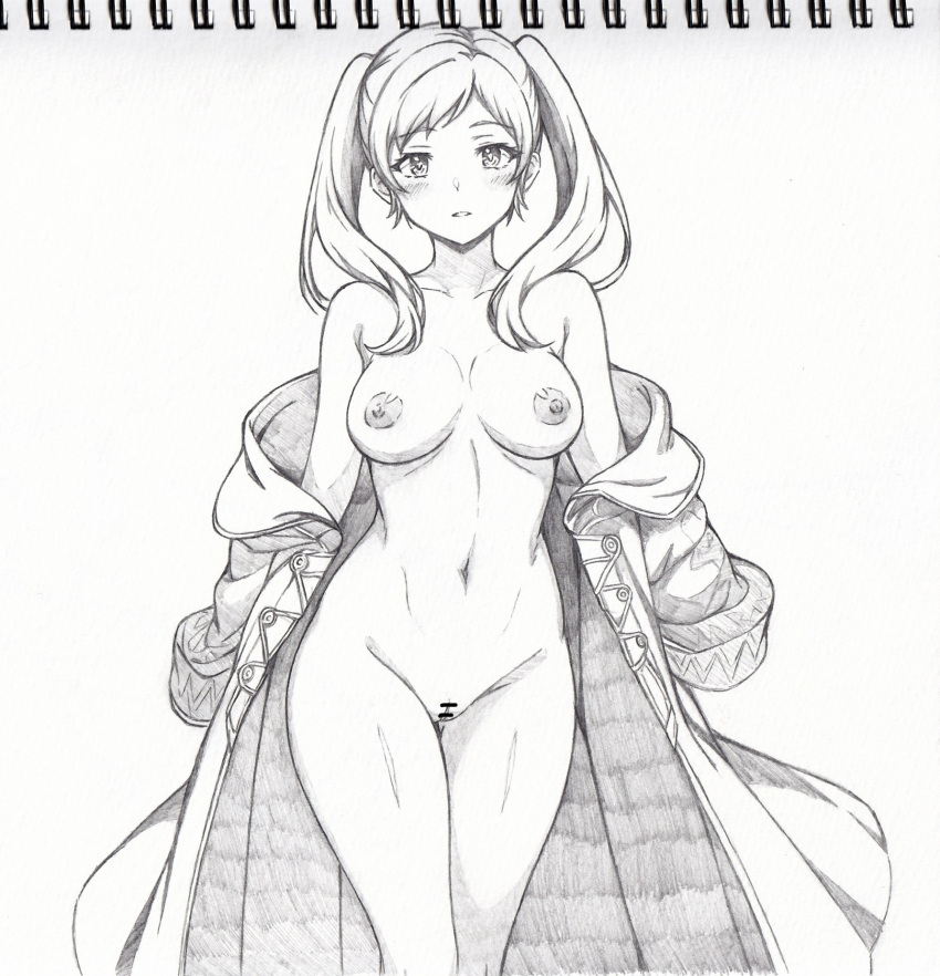 1girl 1girl 1girl alluring bar_censor censored coat fire_emblem fire_emblem_awakening looking_at_viewer nintendo nipples nude nude_female pussy robin_(fire_emblem) robin_(fire_emblem)_(female) seishun_dendeke taking_clothes_off traditional_media_(artwork) twin_tails
