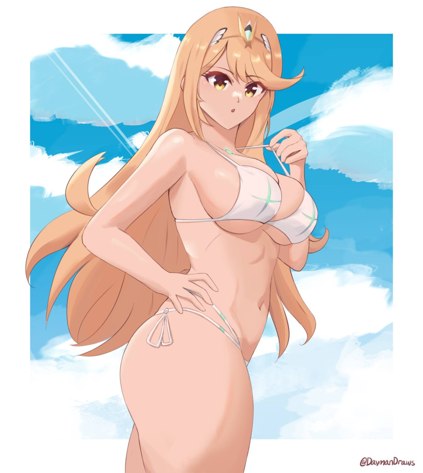 1girl 1girl 1girl alluring big_breasts bikini cleavage core_crystal daymandraws female_only mythra nintendo swimsuit under_boob xenoblade_(series) xenoblade_chronicles_2