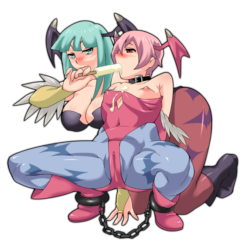 2girls big_breasts blush breasts cameltoe capcom darkstalkers dfreak hair high_res highres large_breasts lilith_aensland morrigan_aensland multiple_girls nipple_slip nipples popsicle sexually_suggestive small_breasts vampire_(game)