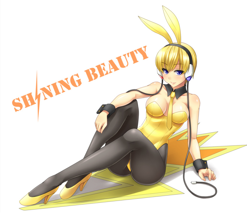 1girl animal_ears ass badge bare_shoulders black_legwear blonde_hair blue_eyes bob_cut breasts bunny_ears bunnysuit cable elesa english female_only grey_pantyhose gym_leader headphones high_heels kamitsure_(pokemon) legs lightning_bolt neck_tie necktie nintendo pantyhose pokemon pokemon_(game) pokemon_black_and_white pokemon_bw reclining shoes short_hair smile solo solo_female surume_(clavis) wrist_cuffs