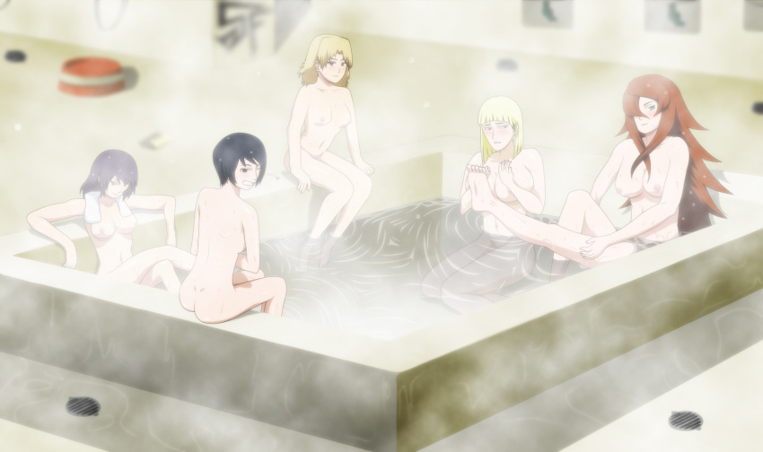 5_girls 5girls anko_mitarashi areola areolae bath bathing big_breasts black_eyes black_hair blonde_hair blush breasts brown_hair flat_chest green_eyes hair highres kurotsuchi kurotsuchi_(naruto) large_breasts mei_terumi multiple_girls naruto naruto_shippuden nipples nude purple_hair samui short_hair small_breasts smile steam stiky_finkaz temari towel water wet wink