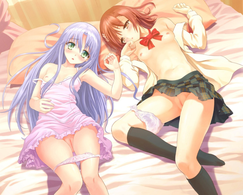 2girls bed blue_hair blush brown_eyes brown_hair cropped dress duplicate green_eyes hair high_res index long_hair lying misaka_mikoto misakamitoko0903 multiple_girls nipples no_bra open_mouth oppai panties panties_around_leg panty_pull purple_hair pussy pussy_juice skirt source_request to_aru_majutsu_no_index uncensored undressing