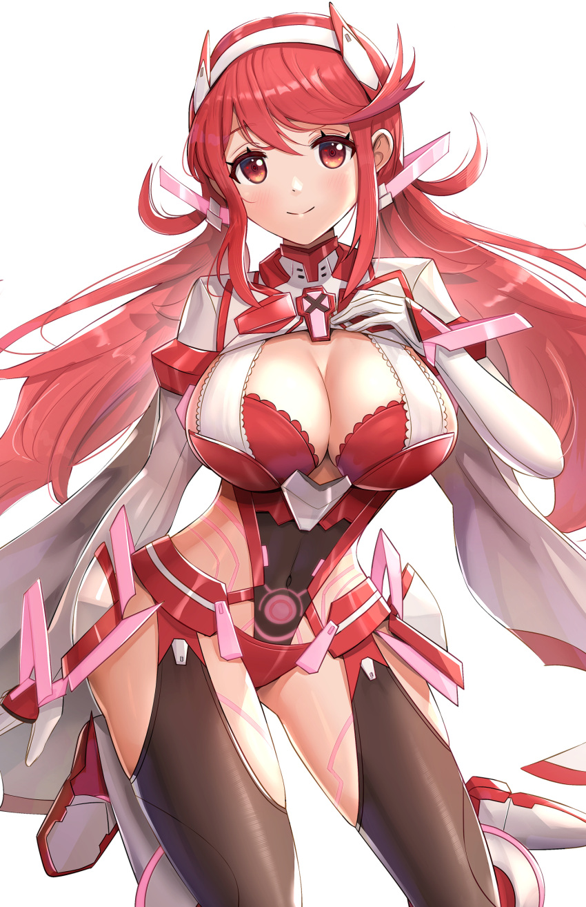 1girl absurd_res alluring big_breasts breasts cleavage closed_mouth covered_navel gloves gonzarez hand_on_own_chest high_res kneel long_hair looking_at_viewer low_twintails nintendo parted_bangs pyra_(prototype) red_eyes red_hair simple_background smile twin_tails white_background white_gloves xenoblade_(series) xenoblade_chronicles_2