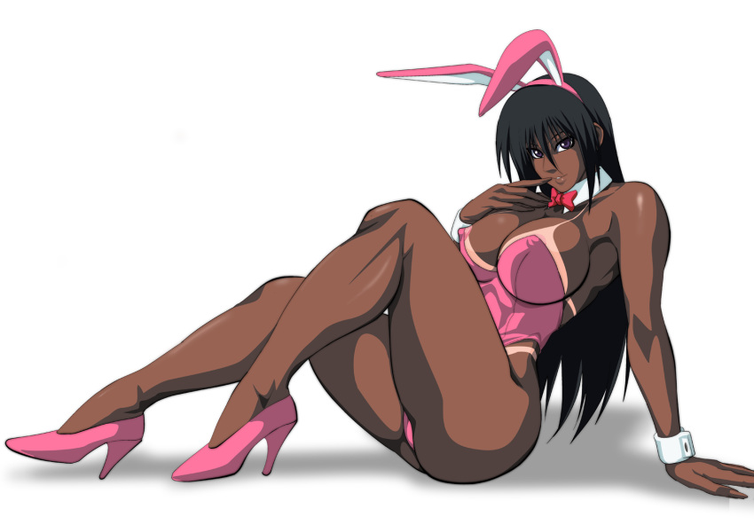 animal_ears arm_support black_hair bow bowtie breasts bunny_ears bunny_girl bunnysuit cleavage covered_erect_nipples dark_skin detached_collar erect_nipples fake_animal_ears high_heels large_breasts lime_(purple_haze) long_hair nipple_slip nipples playboy_bunny purple_eyes purple_haze rabbit_ears sitting tan tan_line tanline thick_thighs thighs wrist_cuffs