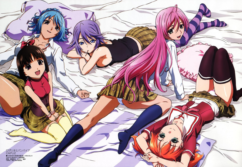 5_girls absurd_res akashiya_moka black_legwear cleavage footwear high_res kurono_kurumu legs lying multiple_girls oppai panties rosario_to_vampire school_uniform sendou_yukari shirayuki_mizore shuzen_kokoa sitting socks striped striped_legwear stockings thighs