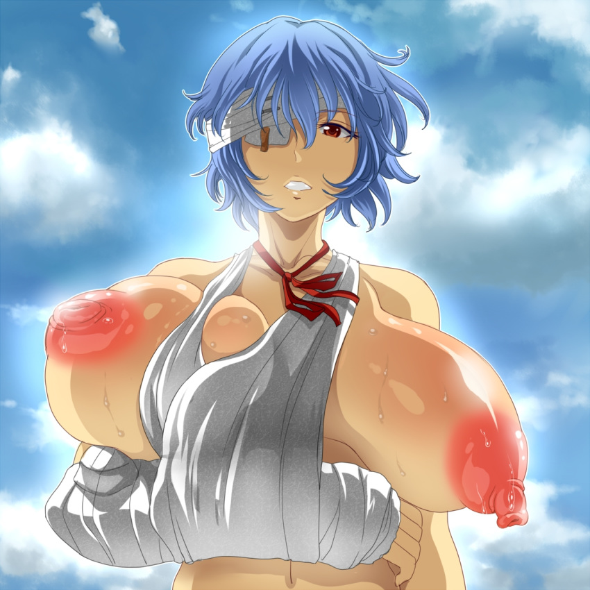 1girl bandage blue_hair breast_press breasts breasts_outside broken_arm cast eyepatch gigantic_breasts highres injury long_nipples neon_genesis_evangelion nipples puffy_nipples red_eyes rei_ayanami sky sling solo sweat tora_(net1nen) unaligned_breasts