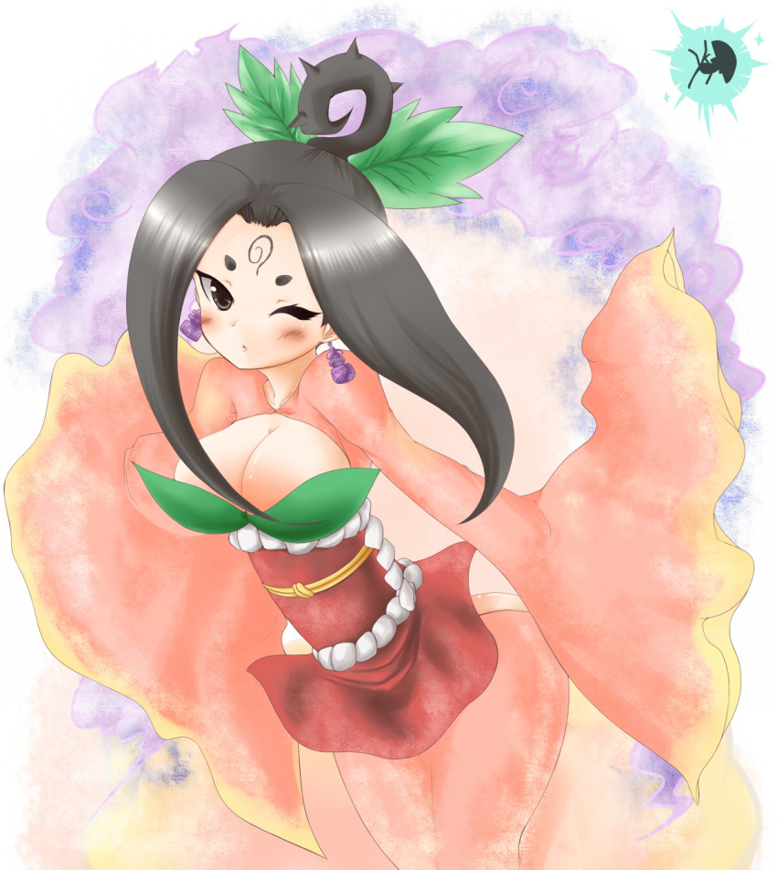 1girl black_hair breasts issun long_hair okami ookami_(game) sakuya sakuya_(okami) solo tattoo wink