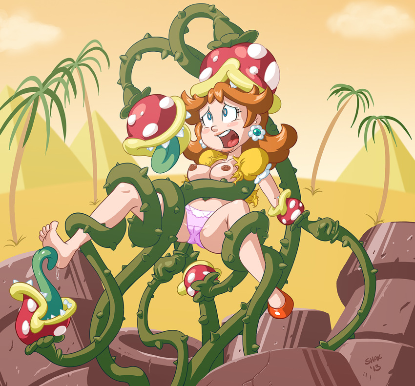 1girl 2013 blue_eyes breasts dress earrings female female_human flower_earrings human licking_foot mostly_nude no_bra open_mouth outdoor outside panties piranha_plant plant princess_daisy questionable_consent restrained shax super_mario_bros. suspended_in_midair tentacles torn_dress vines