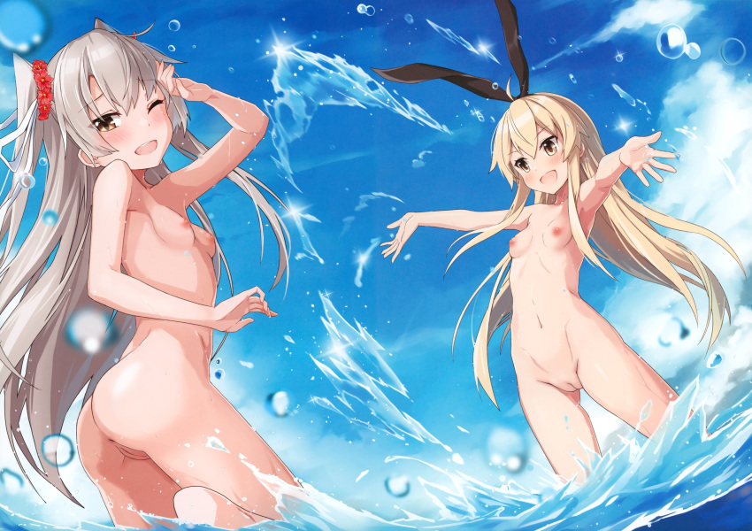 1girl 2_girls :d ;d amatsukaze_(kantai_collection) anus ass blonde blue_sky blush breasts brown_eyes day female_focus flower hair_flower hair_ornament hair_ribbon high_resolution kantai_collection long_hair looking_at_another looking_at_viewer multiple_girls navel nipples nude ocean one_eye_closed open_mouth outside outstretched_arms partially_submerged pussy red_flower ribbon shimakaze_(kantai_collection) silver_hair sky small_breasts smile splashing standing tagme takanashi_kei_(hitsujikan) third-party_edit two_side_up uncensored very_high_resolution wading water wink