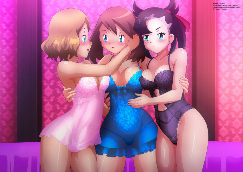 1girl 3_girls alluring blush cameltoe covered_nipples female_only lingerie marnie_(pokemon) may_(pokemon) nightgown nightie pokemon pokemon_rse pokemon_ss pokemon_xy pout see-through see-through_clothing serena_(pokemon) sheer yuri zel-sama