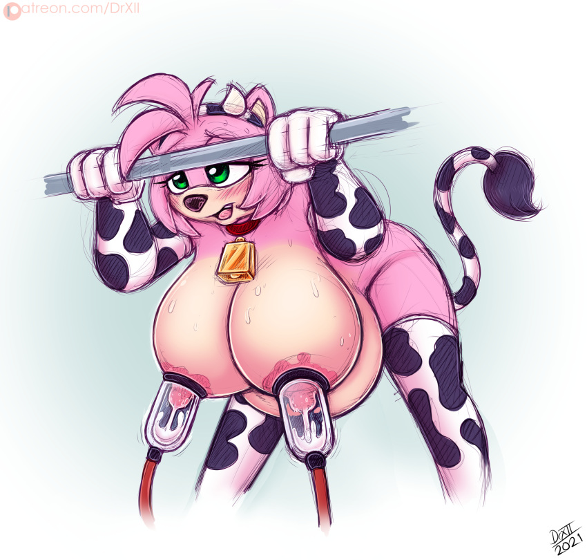 1girl 1girl accessory amy_rose animal_print anthro big_breasts blush bodily_fluids bovid_horn bovine_horn breast_milking breasts clothed clothing collar cow_horn cow_print cowbell digital_media_(artwork) drxii eulipotyphlan footwear fur gloves green_eyes hair handwear hanging_belly hanging_breasts headband hedgehog high_res horn huge_breasts lactating legwear machine mammal milk milking_machine nipples nude pink_body pregnant sega simple_background socks sonic_the_hedgehog_(series) stockings suction_cup thigh_socks video_games