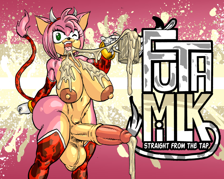 1futa 1girl 5:4 absurd_res amy_rose anthro arm_sleeves ass beer_mug big_ass big_breasts big_penis bob_cut bracelet cow_horns cow_tail cum cum_on_breasts digital_media_(artwork) drinking_cum english_text eulipotyphlan excessive_cum fang futa_only futanari goudadunn green_eyes hairband hedgehog high_res huge_ass huge_breasts huge_cock hyper_penis leaking_cum nipples nude open_mouth pink_fur pink_hair sega sonic_the_hedgehog_(series) standing stockings tail teeth text thick_thighs wink