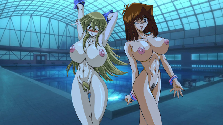 2_girls alexis_rhodes alluring before_skinny_dipping before_swimming big_breasts blonde_hair blue_eyes brown_hair completely_nude_female hige_ani indoor_pool nude posing pubic_hair pussy rei_no_pool swimming_pool tea_gardner wallpaper yu-gi-oh!